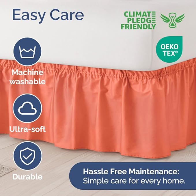 Wrap Around Dust Ruffle Bed Skirt - Coral - Twin/Twin XL Size Beds with 21 Inch Drop - Easy Fit Elastic Strap - Adjustable Pleated Bedskirt w/Brushed Fabric - Wrinkle Free - Women, Men, Kids & Teens