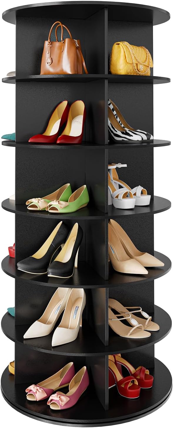 SpaceAid 6 Tier Rotating Shoe Rack Tower, Spinning Shoe Display Lazy Susan, Revolving 360 Shoe Rack Storage Round Carousel, Vertical Handbag Rotate Shoes Closet Organization (6-Tier Black)