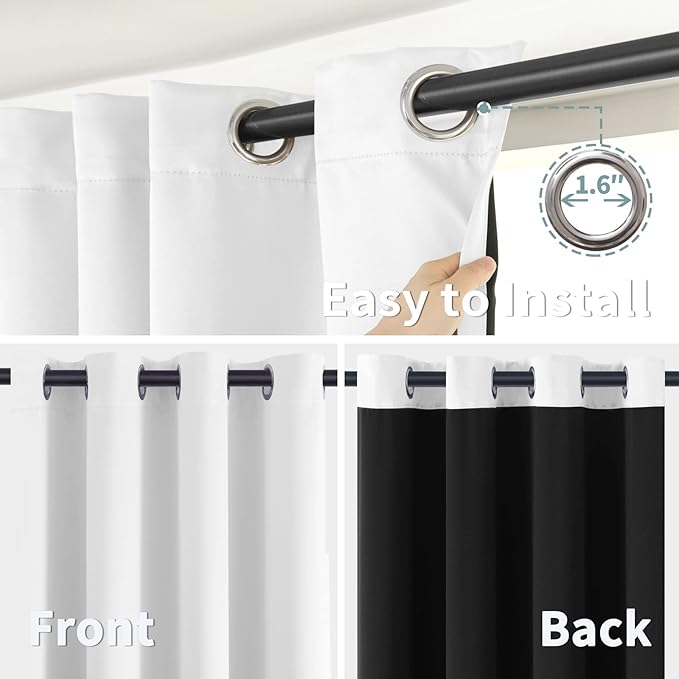 BGment Thermal Insulated 100% Blackout Curtains for Bedroom with Black Liner, Double Layer Full Room Darkening Noise Reducing Grommet Curtain (38 x 63 Inch, Pure White, 2 Panels)