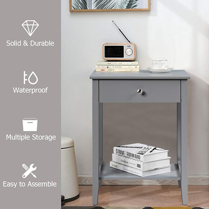 Giantex Nightstand Wooden 2-Tier Couch Sofa Side Table with Drawer, Storage Shelf, Solid Wood Legs,Mufti-Functional Home Furniture for Living Room Bedroom Study Room End Table (1, Gray)