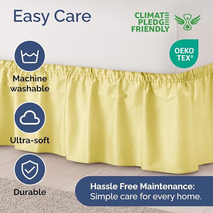 Wrap Around Dust Ruffle Bed Skirt - Yellow - for Queen Size Beds with 12 Inch Drop - Easy Fit Elastic Strap - Adjustable Pleated Bedskirt w/Brushed Fabric Wrinkle Free - for Women, Men, Kids & Teens