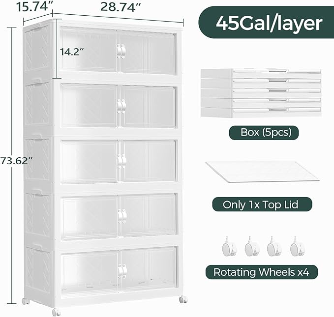 225Gal Stackable Storage Bins with Lid, 900Qt Extra Large Collapsible Storage Box with Doors and Wheels, Plastic Closet Organizer and Storage Cabinet Drawer for Home Kitchen, 5Pack White