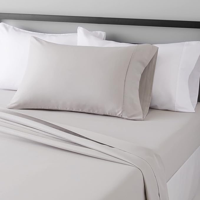 Amazon Basics Lightweight Super Soft Easy Care Wrinkle Free Microfiber 3 Piece Bed Sheet Set with 14-Inch Deep Pockets, Twin, Light Gray, Solid, Kids, Men & Women Bedding