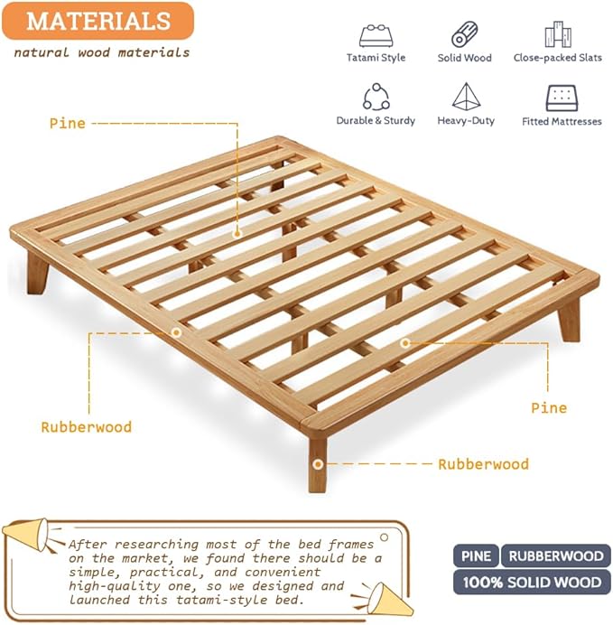Full Platform Bed Base - 14 Inch Solid Wood Mattress Foundation with Support Slats and Legs, Full-Size Rubberwood Simple Bed Frame