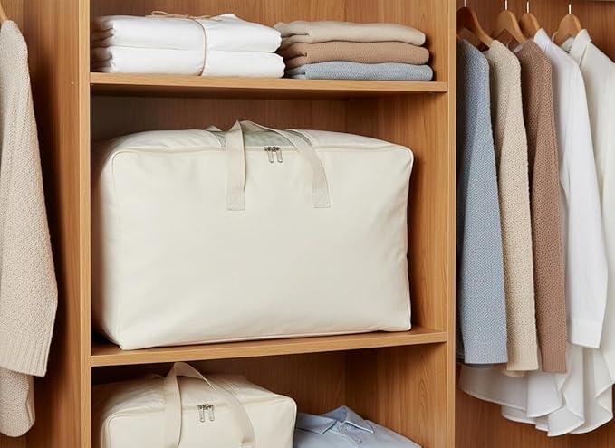 Soft Canvas Clothes Storage Bags with Four Carrying Handles and Clear Window, Closet Organizer for Clothing, Blankets Sheets Pillows and Bedding, 55L, 6 Pack, White