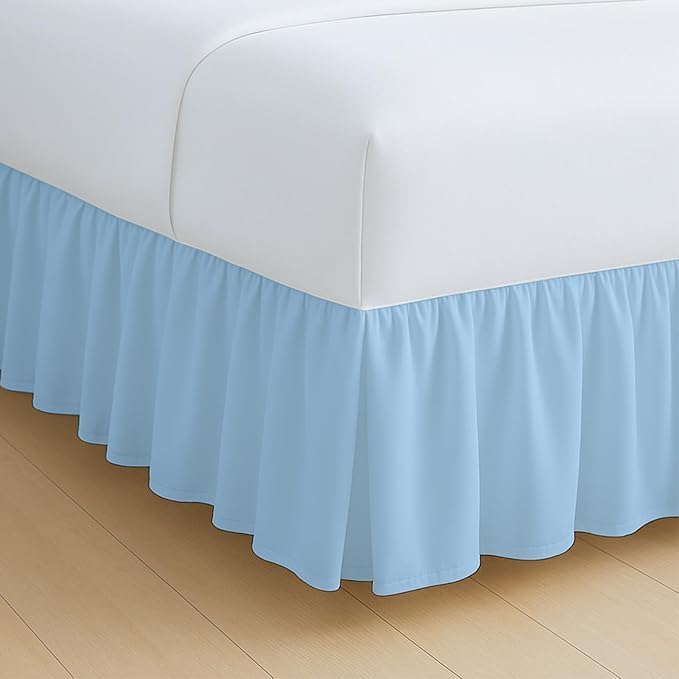 Rajlinen Ruffled Bed Skirt California King, 21 Inch Drop Dust Ruffle with Split Corners, 100% Microfiber Bedskirt with Platform, Three-Sided Coverage Ruffled Gathering Design, Light Blue