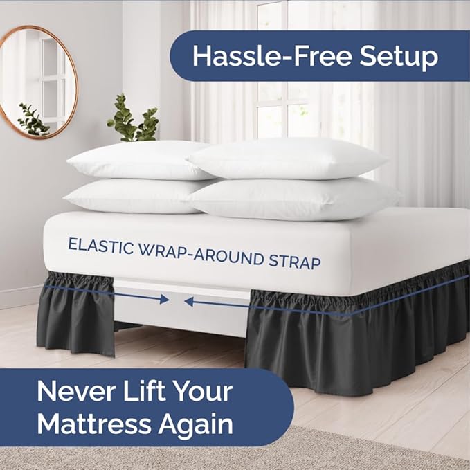 Wrap Around Dust Ruffle Bed Skirt - Black - for King Size Beds with 21 Inch Drop - Easy Fit Elastic Strap - Adjustable Pleated Bedskirt w/Brushed Fabric - Wrinkle Free - for Women, Men, Kids & Teens