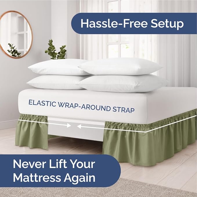 Wrap Around Dust Ruffle Bed Skirt - Sage Green - for King Size Beds with 12 Inch Drop - Elastic Strap - Adjustable Pleated Bedskirt with Brushed Fabric and Wrinkle Free - for Women, Men, Kids & Teens