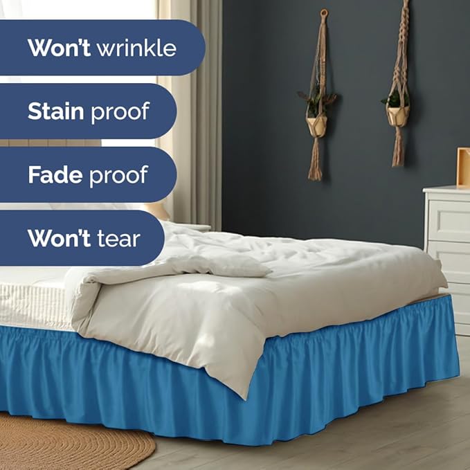 Wrap Around Dust Ruffle Bed Skirt - Denim Blue - for King Size Beds with 18 Inch Drop - Elastic Strap - Adjustable Pleated Bedskirt with Brushed Fabric and Wrinkle Free - for Women, Men, Kids & Teens