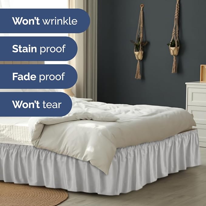 Wrap Around Dust Ruffle Bed Skirt - Light Grey - for Queen Size Beds w/ 14 Inch Drop - Easy Fit Elastic Strap - Adjustable Pleated Bedskirt with Brushed Fabric, Wrinkle Free Women, Men, Kids and Teens