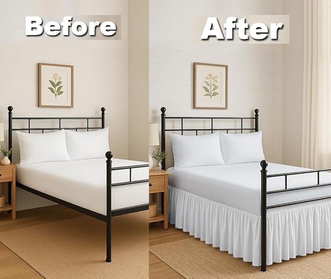 Ruffled Bed Skirt Split Corners with Platform, Tailored Fit Hotel Quality Wrinkle Free Ultra-Soft Microfiber Dust Ruffle, Upto 21 Inch Drop, Full XL, White