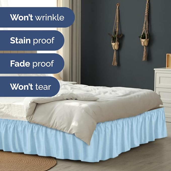 Wrap Around Dust Ruffle Bed Skirt - Light Blue - Twin/Twin XL Size Beds with 18 Inch Drop - Elastic Strap - Adjustable Pleated Bedskirt with Brushed Fabric and Wrinkle Free - Women, Men, Kids & Teens