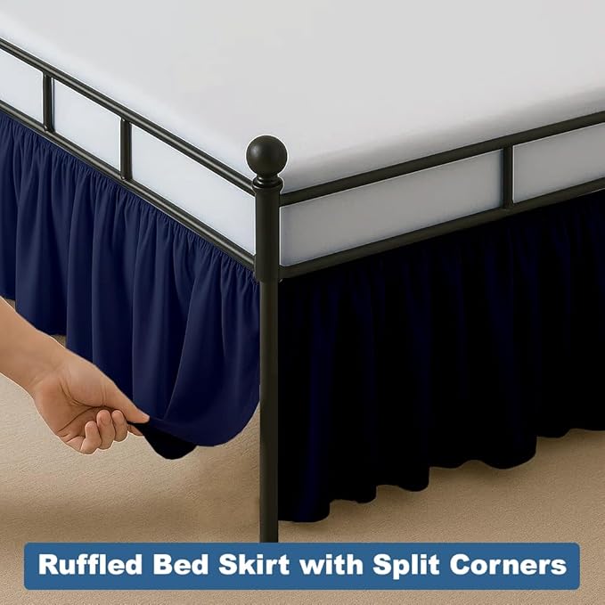 Ruffled Bed Skirt Split Corners with Platform, Tailored Fit Hotel Quality Wrinkle Free Ultra-Soft Microfiber Dust Ruffle, Upto 18 Inch Drop, Queen, Navy Blue