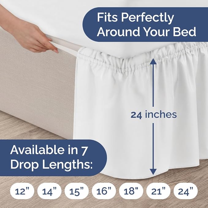 Wrap Around Dust Ruffle Bed Skirt - White - Twin/Twin XL Size Beds with 24 Inch Drop - Easy Fit Elastic Strap - Adjustable Pleated Bedskirt w/Brushed Fabric - Wrinkle Free - Women, Men, Kids & Teens
