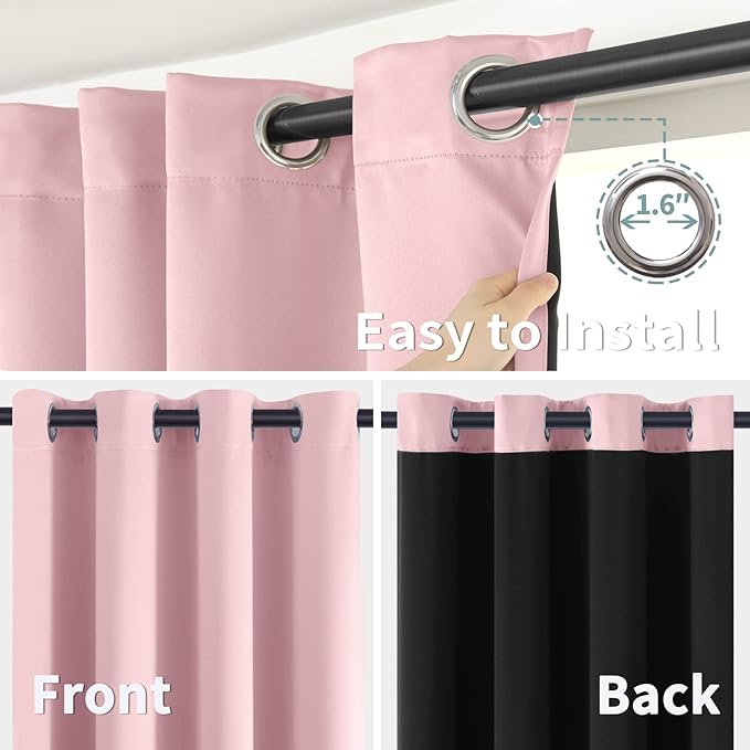 BGment Baby Pink 100% Blackout Curtains for Nursery Bedroom 63 Inch Length 2 Panels, Thermal Insulated Full Light Blocking Grommet Noise Cancelling Window Curtains for Girls Room, 38 Inch Wide Each