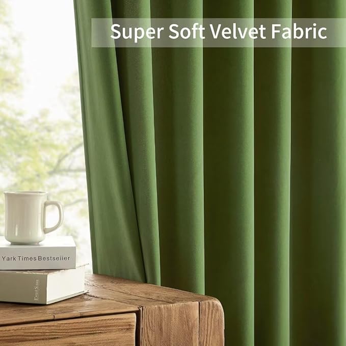 Joydeco Green Velvet Curtains 90 inch 2 Panel, Room Darkening Super Soft Velvet Drapes for Bedroom Living Room Thermal Insulated Window Drapes, Luxury Blackout Rod Pocket Curtains,W52 x L90 inch
