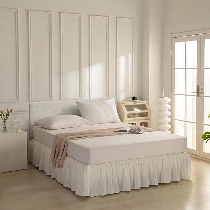 Bed Skirt Queen Size Ruffled Bed Skirt with Split Corners, Ivory Queen Bed Skirts 16 Inch Drop with Platform, 16'' Queen