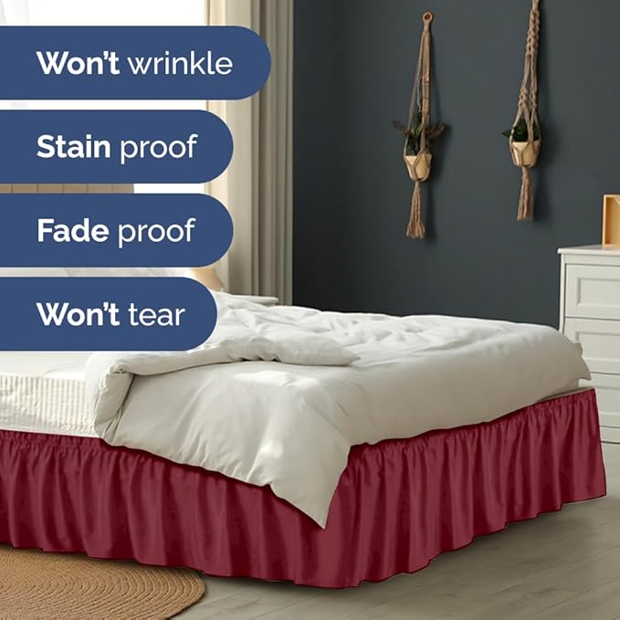 Wrap Around Dust Ruffle Bed Skirt - Burgundy - for Full Size Beds with 18 Inch Drop - Easy Fit Elastic Strap - Adjustable Pleated Bedskirt w/Brushed Fabric Wrinkle Free - for Women, Men, Kids & Teens