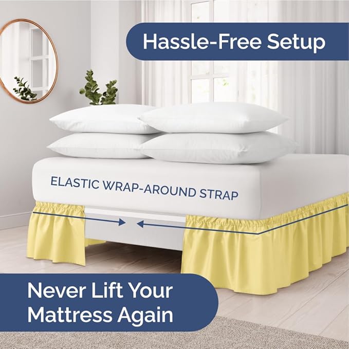 Wrap Around Dust Ruffle Bed Skirt - Yellow - for Full Size Beds with 24 Inch Drop - Easy Fit Elastic Strap - Adjustable Pleated Bedskirt w/Brushed Fabric - Wrinkle Free - for Women, Men, Kids & Teens