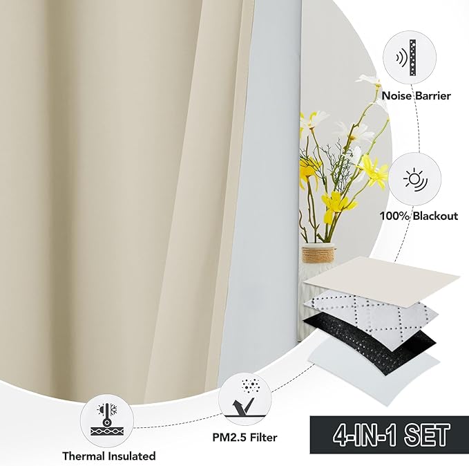 RYB HOME Soundproof & Dust Particle Filtering Curtains Blackout Window Treatment for Bedroom Living Room Divider Nursery Daytime Sleeping Patio Door, Beige, W52 x L 108 inch, 2 Panels