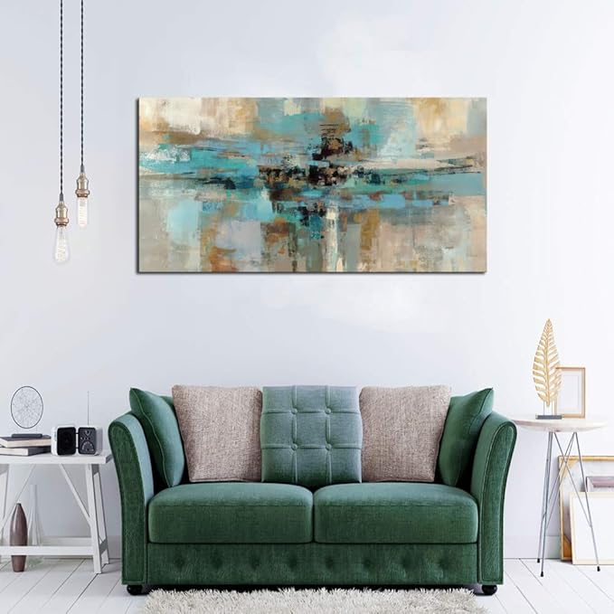DZL Art A74775 Canvas Prints Abstract Wall Art Print Paintings Blue and Brown Stretched Canvas Wooden Framed for living Room Bedroom and Office Home Decor Artwork