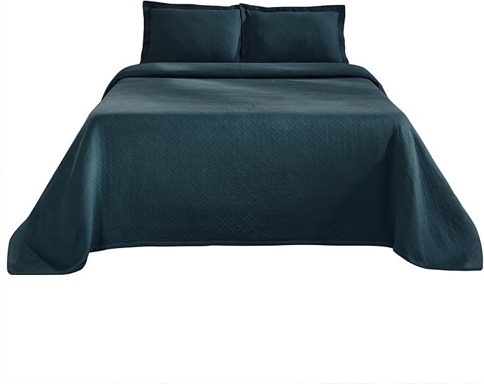 Superior 100% Cotton Basket Weave Bedspread with Shams, All-Season Premium Cotton Matelasse Jacquard Bedding, Quilted-Look Geometric Basket, Full, Deep Sea