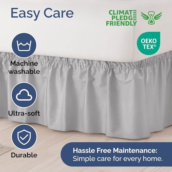 Wrap Around Dust Ruffle Bed Skirt - Light Grey - for Queen Size Beds w/ 14 Inch Drop - Easy Fit Elastic Strap - Adjustable Pleated Bedskirt with Brushed Fabric, Wrinkle Free Women, Men, Kids and Teens