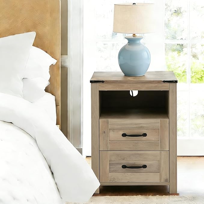 Sierra Rustic Night Stand Set of 2, Farmhouse End Table, Modern Bedside Table with 2 Storage Drawers and Open Shelf, Tall Nightstand for Bedroom