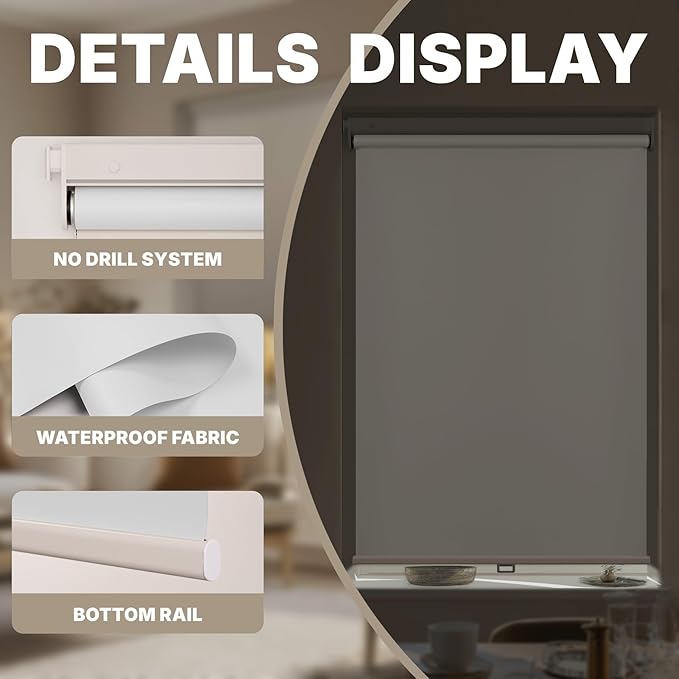 HESTIA No Drill Cordless Blackout Roller Shades Screwless Waterproof Shower Window Blinds, Auto-Retraction Easy Install Blind for Bathroom/Kitchen/Office/Exterior, White, 20" W x 54" H