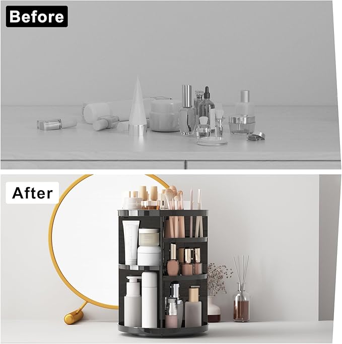 Rotating Makeup Organizer for Vanity, 360 Spinning Skincare Organizers with Adjustable Trays, Make Up Desk Storage Carousel Rack, Cosmetic Display Cases for Dresser Bathroom Countertop
