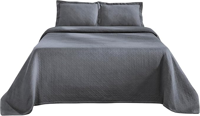 Superior 100% Cotton Basket Weave Bedspread with Shams, All-Season Premium Cotton Matelasse Jacquard Bedding, Quilted-Look Geometric Basket, Full, Grey