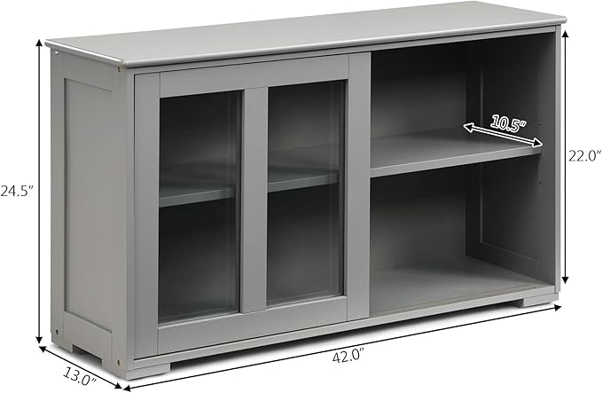 Costzon Sideboard Buffet Cabinet, Wooden Kitchen Storage Cabinet with Adjustable Shelf, Sliding Glass Doors, Accent Coffee Bar Cabinet Console Table for Living Room, Dining Room, Hallway (Grey)
