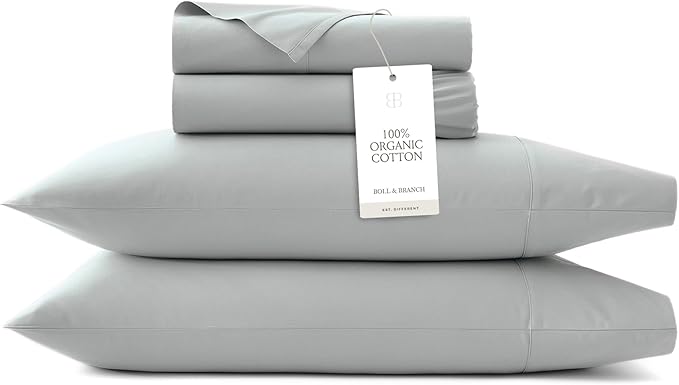 BOLL & BRANCH Signature Hemmed Sheet Set - Queen, Shore - Luxury 100% Organic Cotton - Includes 1 Flat, 1 Fitted, 2 Pillowcases - Buttery Soft