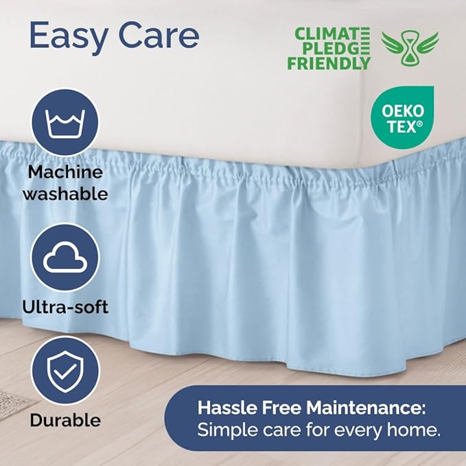 Wrap Around Dust Ruffle Bed Skirt - Light Blue - Twin/Twin XL Size Beds with 21 Inch Drop - Elastic Strap - Adjustable Pleated Bedskirt with Brushed Fabric and Wrinkle Free - Women, Men, Kids & Teens