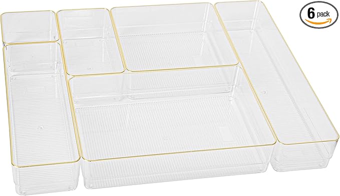 Martha Stewart Kerry Plastic Stackable Office Desk Drawer Organizers, Set of 6, with Gold Trim