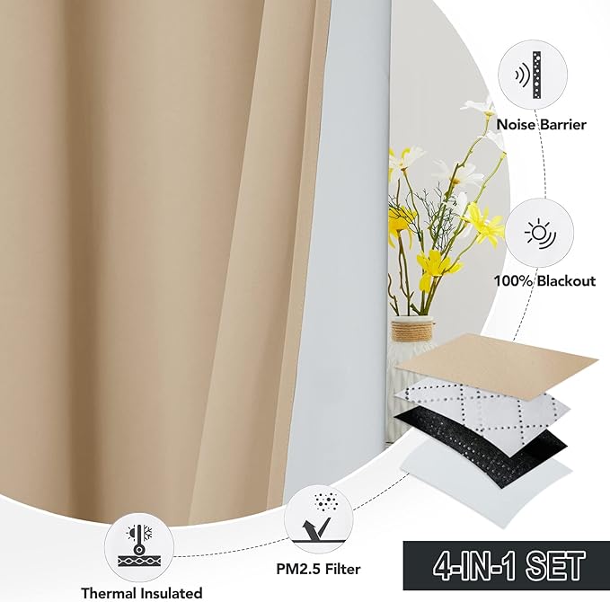 RYB HOME Soundproof & Dust Particle Filtering Curtains Blackout Window Treatment for Bedroom Living Room Divider Nursery Daytime Sleeping Patio Door, Biscotti Beige, W52 x L 102 inch, 2 Panels