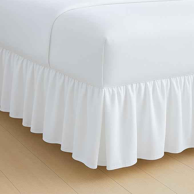 Rajlinen Ruffled Bed Skirt King, 12 Inch Drop Dust Ruffle with Split Corners, 100% Microfiber Bedskirt with Platform, Three-Sided Coverage Ruffled Gathering Design, White