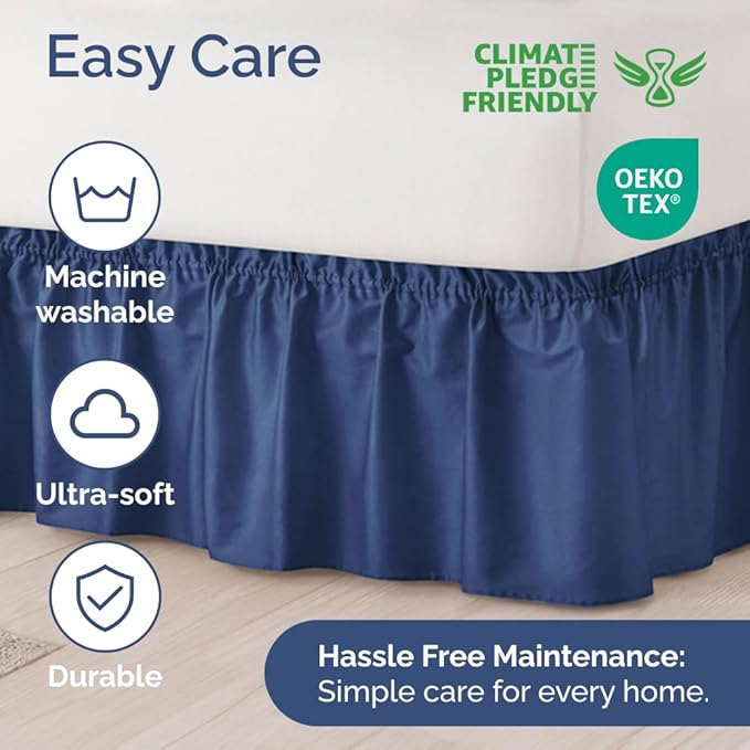 Wrap Around Dust Ruffle Bed Skirt - Navy Blue - for Full Size Beds w/ 14 Inch Drop - Easy Fit Elastic Strap - Adjustable Pleated Bedskirt with Brushed Fabric, Wrinkle Free Women, Men, Kids and Teens