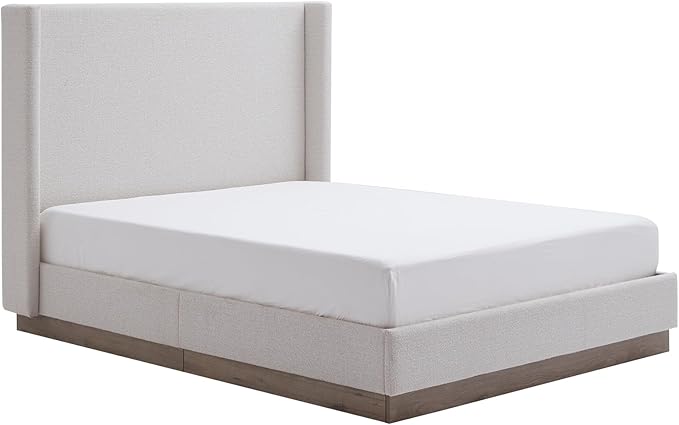 California King Size Upholstered Platform Bed Frame, 52.5" Tall Headboard Hosford Wingback Bedframes, Wood Base Floor Beds, No Box Spring Needed, No Noise, Minimalist, Cream White Boucle