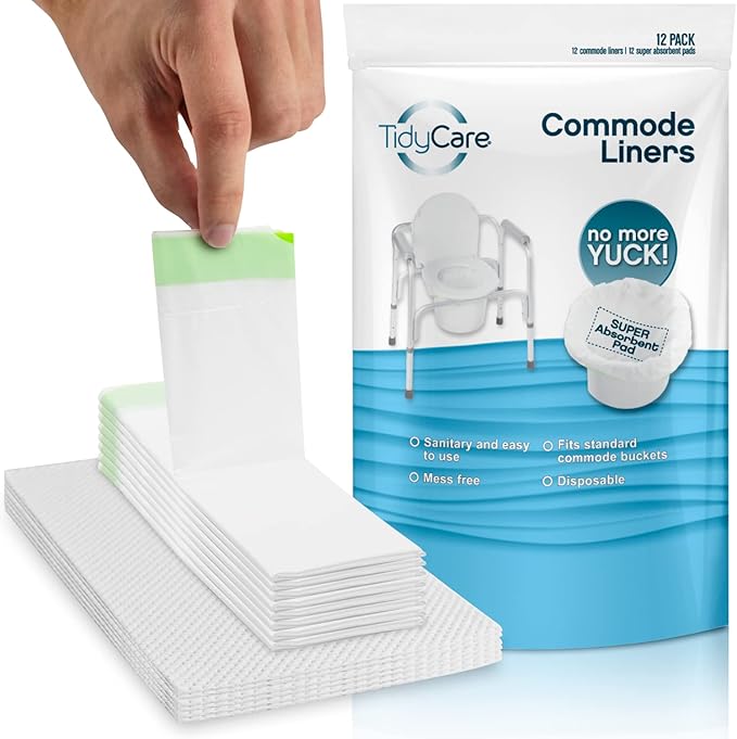TidyCare Disposable Bedside Commode Liners and Pads for Portable Toilet Chair Seat Bucket and Bedpan | Combo Pack of 12 Waste Bags and 12 Absorbent Pads | Universal Fit