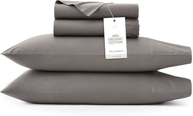 BOLL & BRANCH Signature Hemmed Sheet Set - California King, Stone - Luxury 100% Organic Cotton - Includes 1 Flat, 1 Fitted, 2 Pillowcases - Buttery Soft
