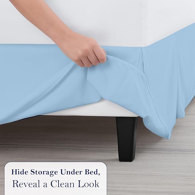 Queen Bed Skirt, Luxury 18 Inch Drop Light Blue Pleated Bed Skirt, Double Brushed Microfiber, Box Pleat Design, Wrinkle & Fade Resistant, Easy Fit Tailored Bedskirt for Queen Size Beds