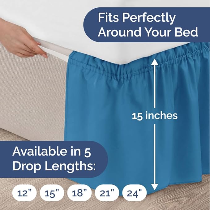 Wrap Around Dust Ruffle Bed Skirt - Denim Blue - for King Size Beds with 15 Inch Drop - Elastic Strap - Adjustable Pleated Bedskirt with Brushed Fabric and Wrinkle Free - for Women, Men, Kids & Teens