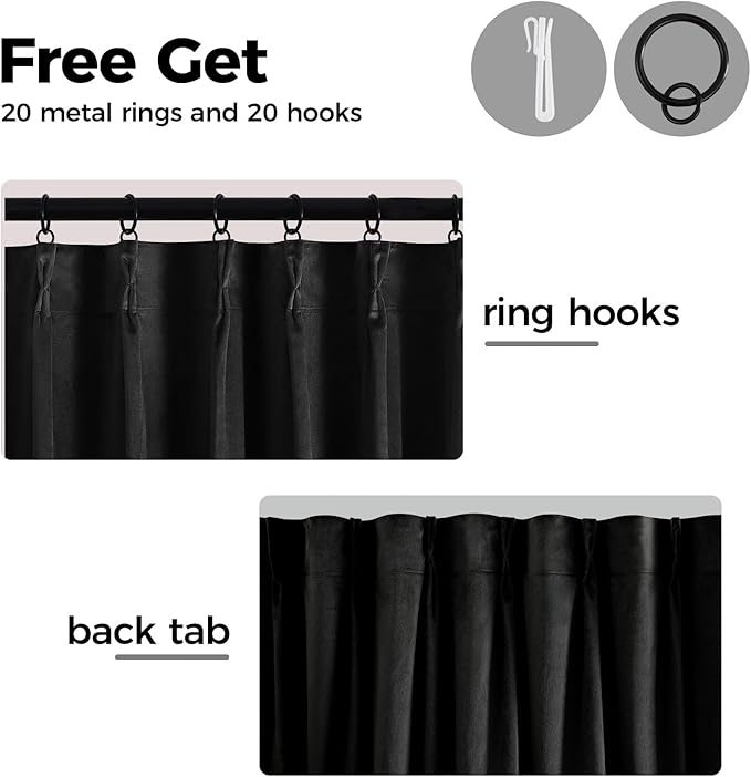 Pinch Pleated 100% Blackout Curtains for Bedroom, Black Velvet Curtains for Living Room, Black Out Curtain 108 inch Long Room Darkening, Blackout Pinch Pleat Drapes with Hooks 2 Panels