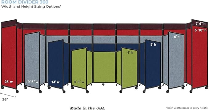 Versare Room Divider 360 Portable Wall Partition | Folding Panels | Large Freestanding Divider | Locking Wheels | Temporary Room Separator | 14' x 7'6'', Red