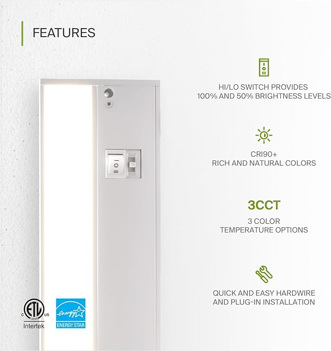 ASD 40 Inch LED Under Cabinet Lighting Plug in or Hardwired, High/Low/Off Switch, 20W 120V 3 CCT 2700K/3000K/4000K CRI90+, Triac Dimmable Linkable Under Counter Lights for Kitchen, ETL Listed, White