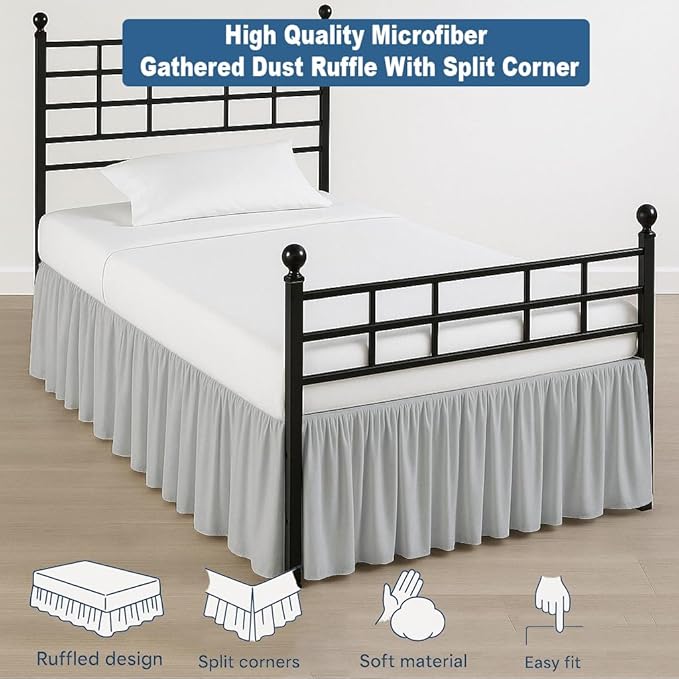 Ruffled Bed Skirt Split Corners with Platform, Tailored Fit Hotel Quality Wrinkle Free Ultra-Soft Microfiber Dust Ruffle, Upto 24 Inch Drop, Queen, Light Grey