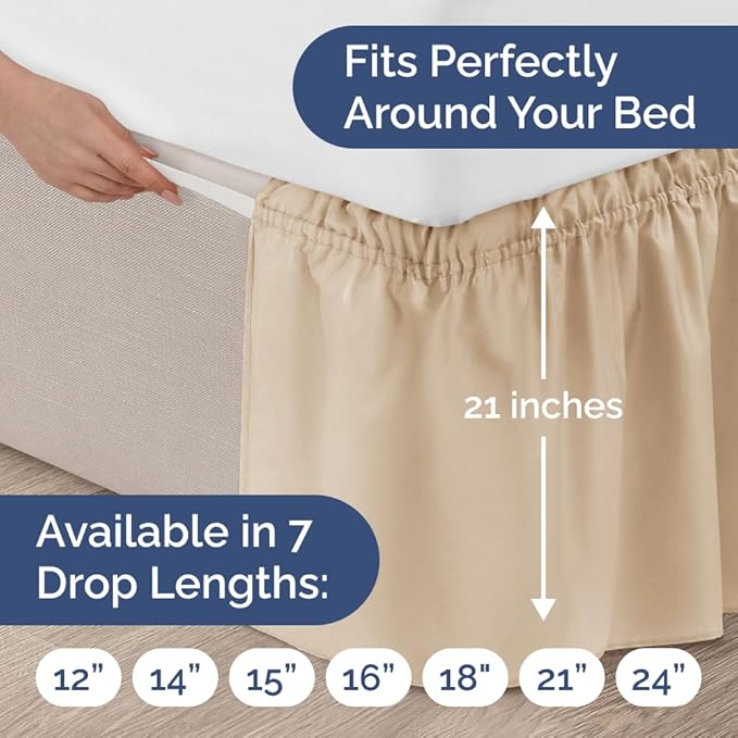 Wrap Around Dust Ruffle Bed Skirt – Cream - Twin/Twin XL Size Beds with 21 in. Drop – Easy Fit Elastic Strap - Pleated Bedskirt with Brushed Fabric - Wrinkle Free, Machine Wash - by CGK Linens