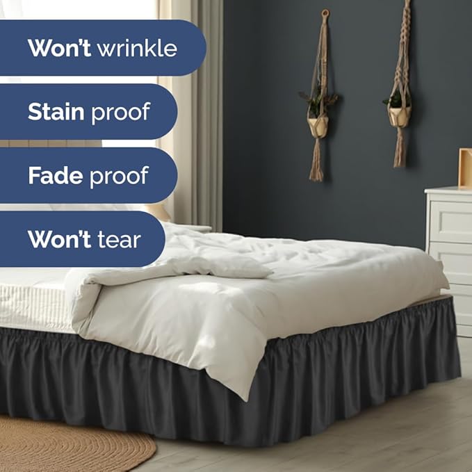 Wrap Around Dust Ruffle Bed Skirt - Black - for Full Size Beds with 21 Inch Drop - Easy Fit Elastic Strap - Adjustable Pleated Bedskirt w/Brushed Fabric - Wrinkle Free - for Women, Men, Kids & Teens