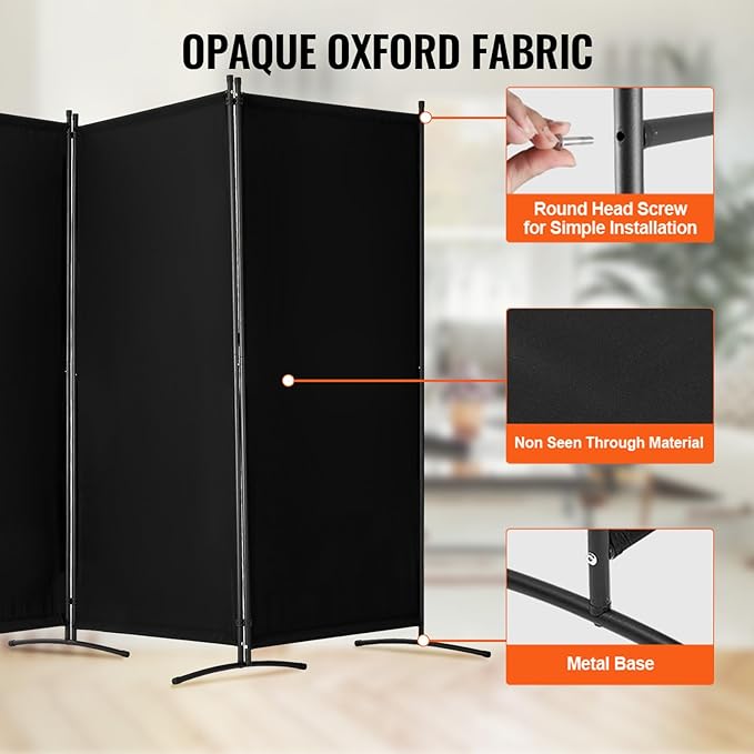 VEVOR Room Divider, 3 Panel Room Divider, Folding Privacy Screen and Portable Partition Divider for Room Separation, Freestanding Room Partitions for Office, Bedroom, Black